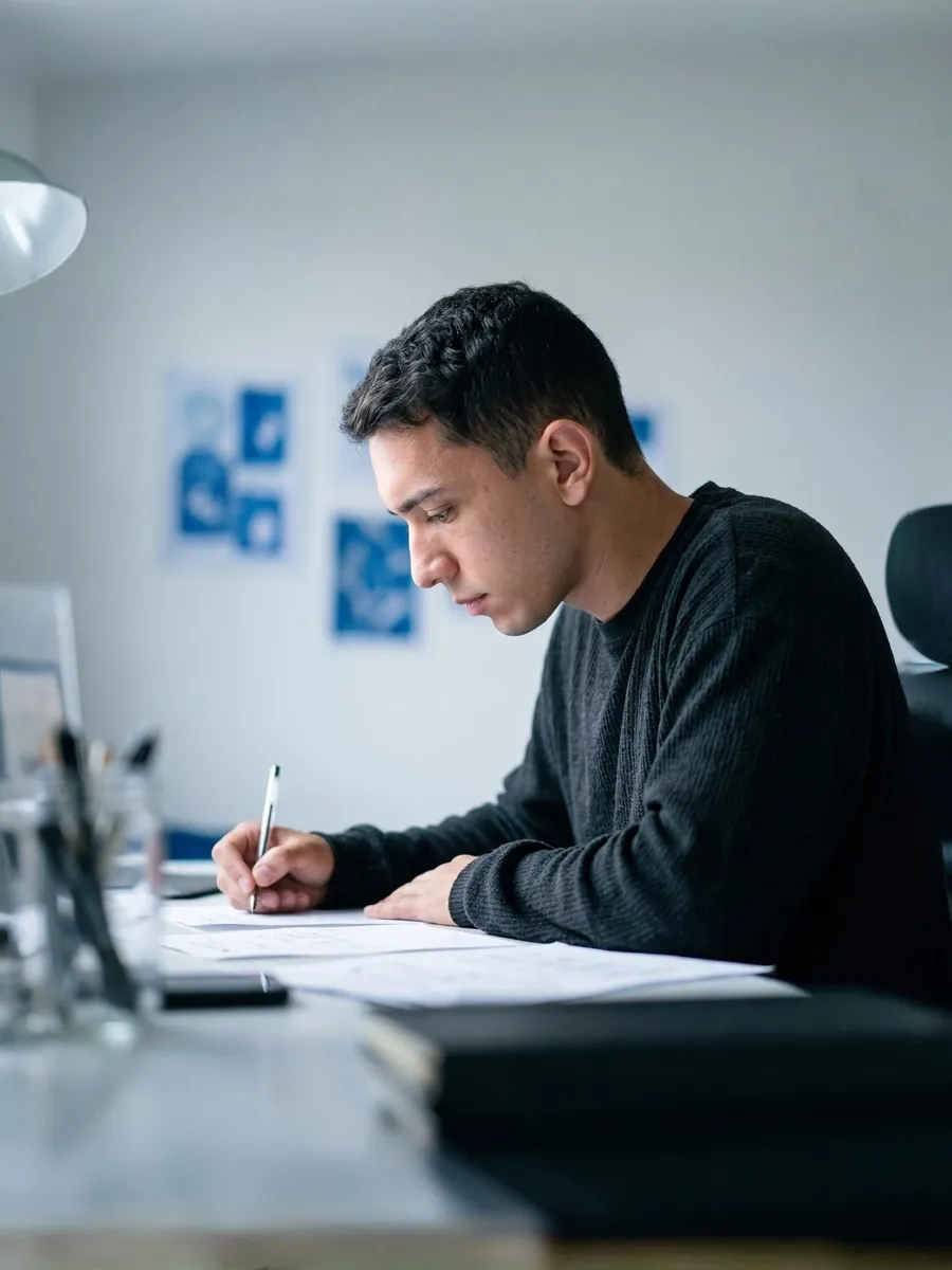 Vitor Pimentel, criador do SlideSapiens, escrevendo numa mesa de trabalho